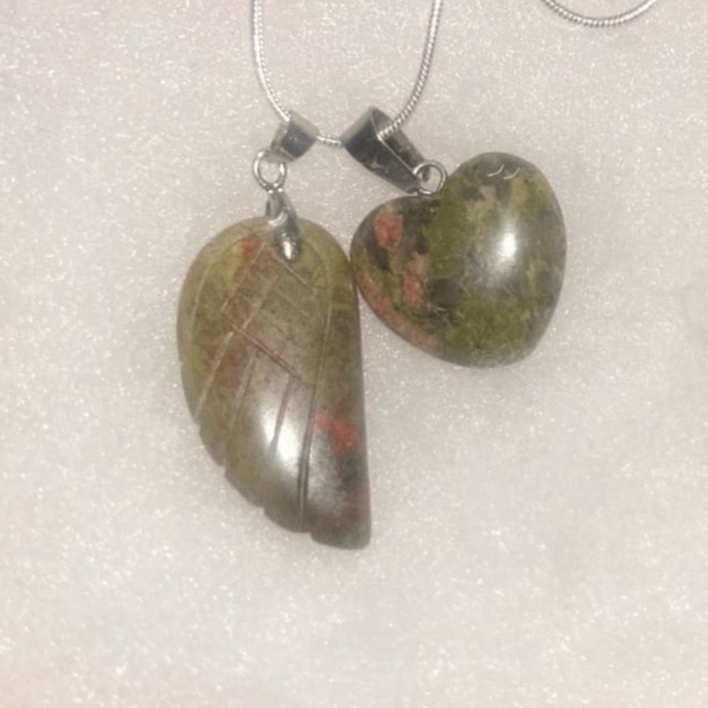 Boho hippie Unakite Angel Wing and heart Sterling Silver Necklace 16”